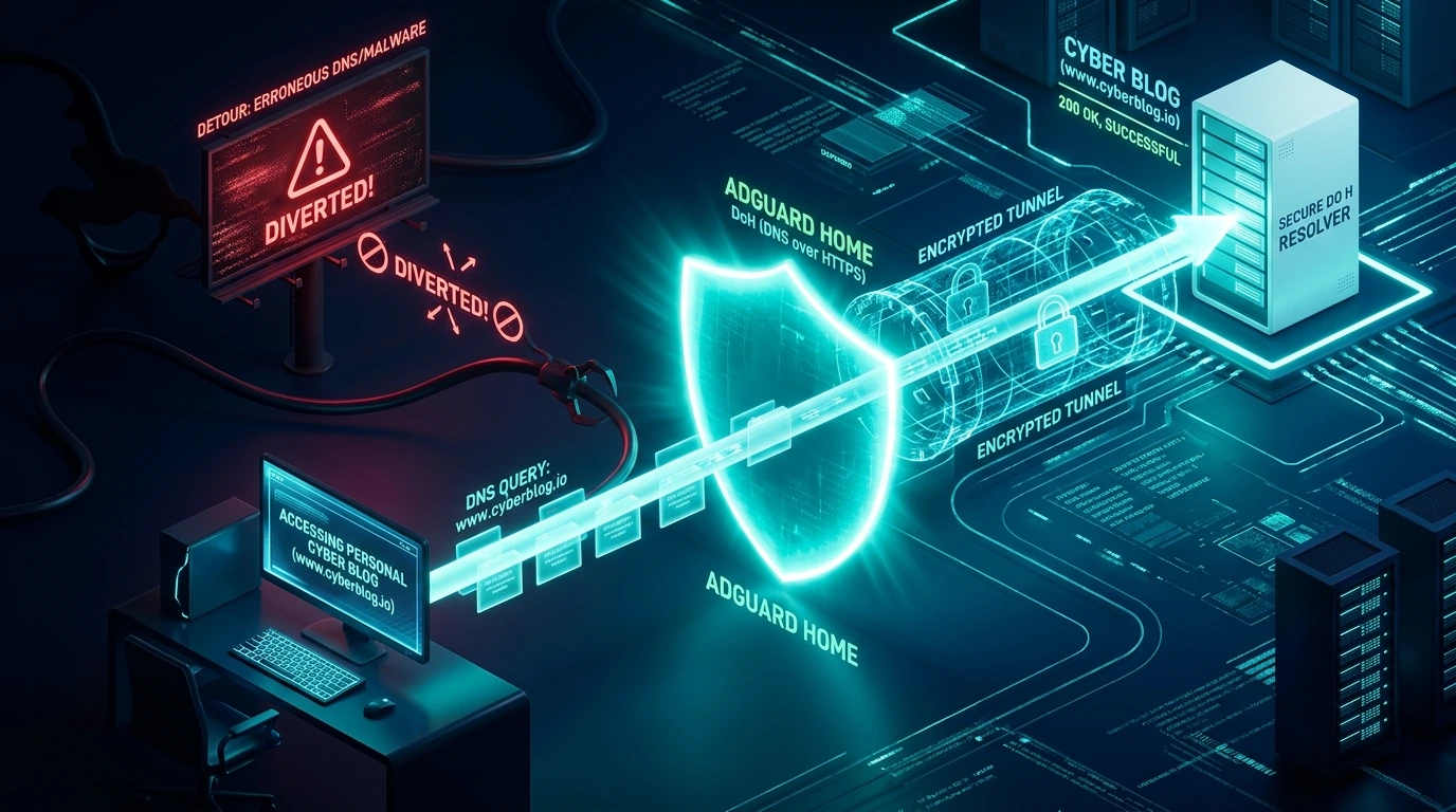 AI 概念插图：DNS 旁路投毒拦截与 AdGuard Home DoH 加密安全隧道