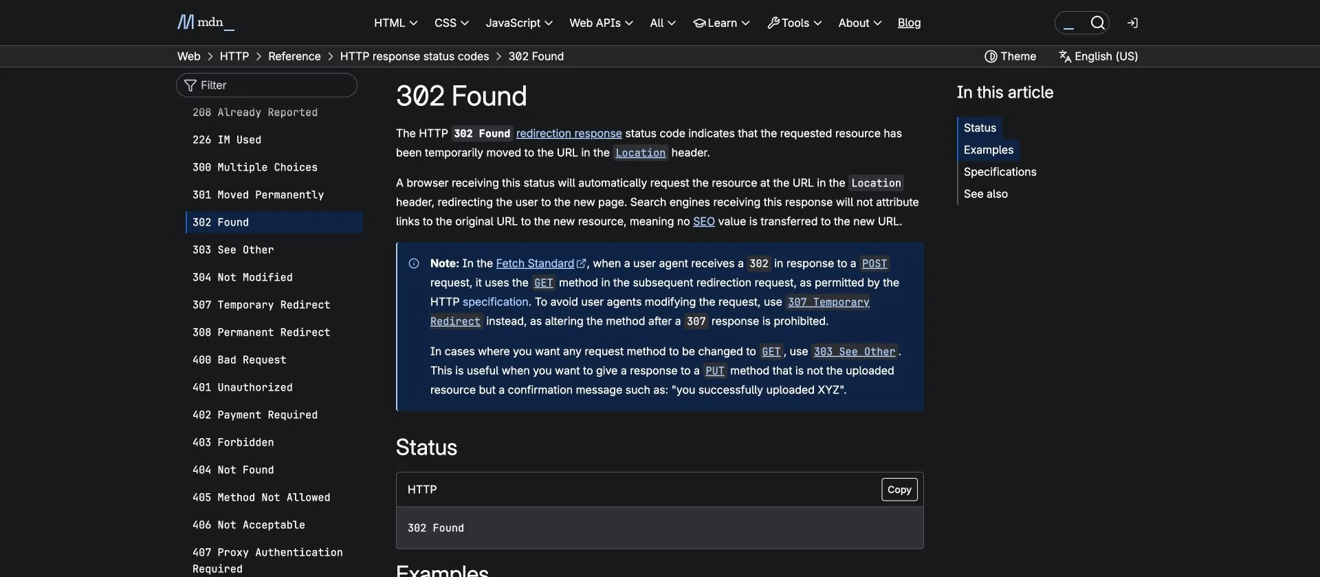 MDN 官方 HTTP 302 文档真实截图