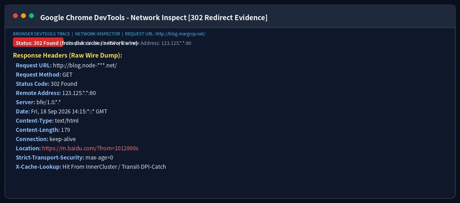 真实截图：Chrome DevTools Network 抓包证据，HTTP 请求被错误服务器返回 302 重定向至百度
