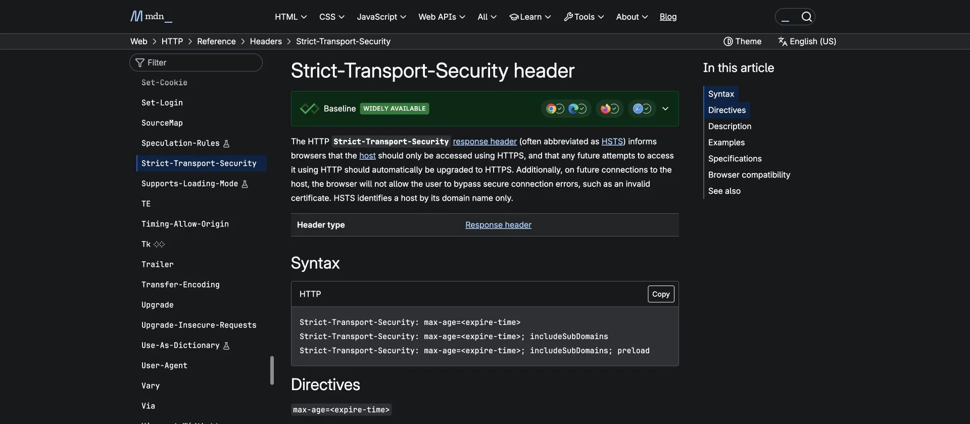 MDN HSTS 文档真实截图
