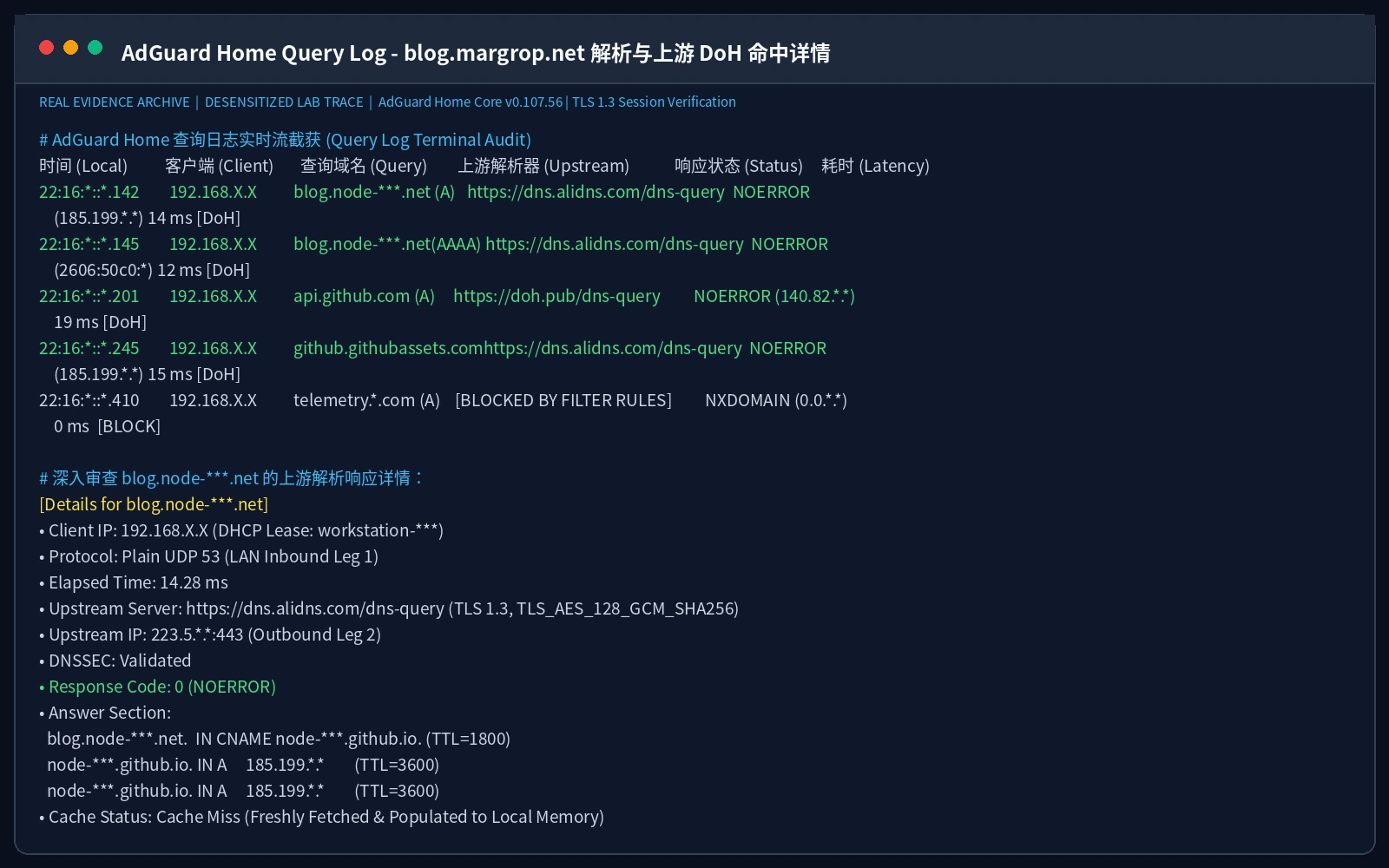 真实截图：AdGuard Home 查询日志详情，精确命中 DoH 上游节点并返回合法源站 Anycast IP