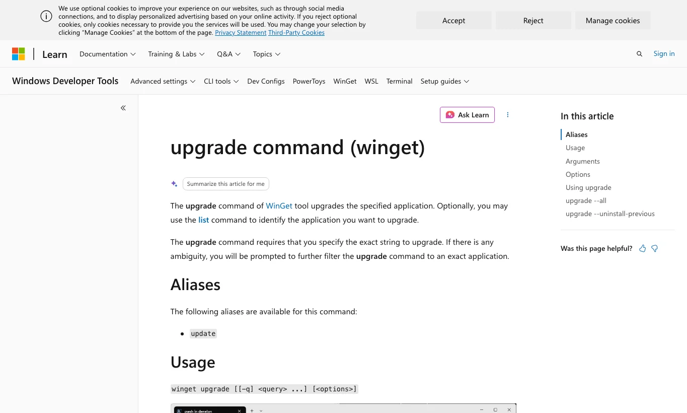 真实截图 1：Microsoft Learn 的 WinGet upgrade 文档。