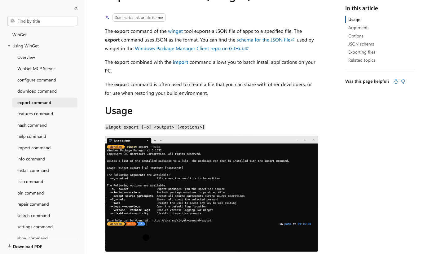 真实截图 2：Microsoft Learn 的 WinGet export 文档。