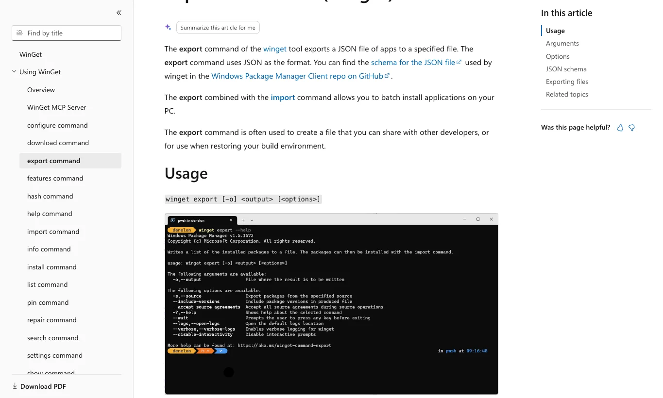 真实截图 2：Microsoft Learn 的 WinGet export 文档。