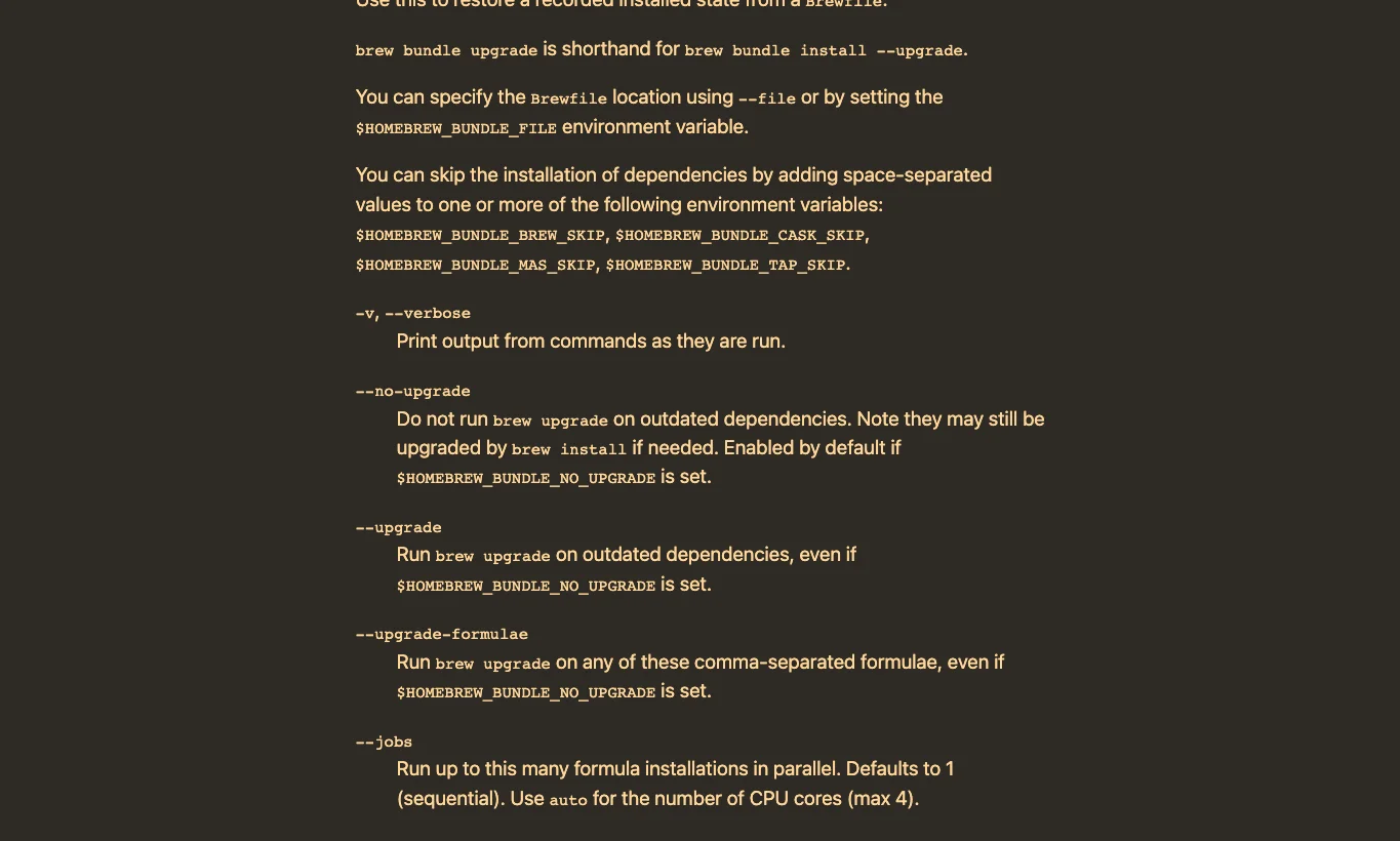 真实截图 4：Homebrew 官方 manpage 中的 upgrade/cleanup 说明。