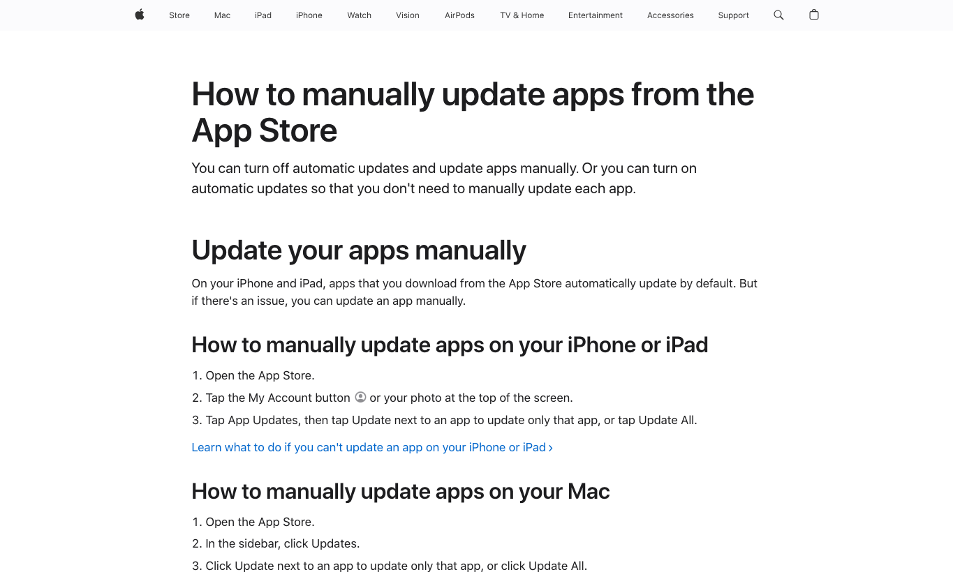 真实截图 5：Apple Support 的 App Store 手动更新说明。