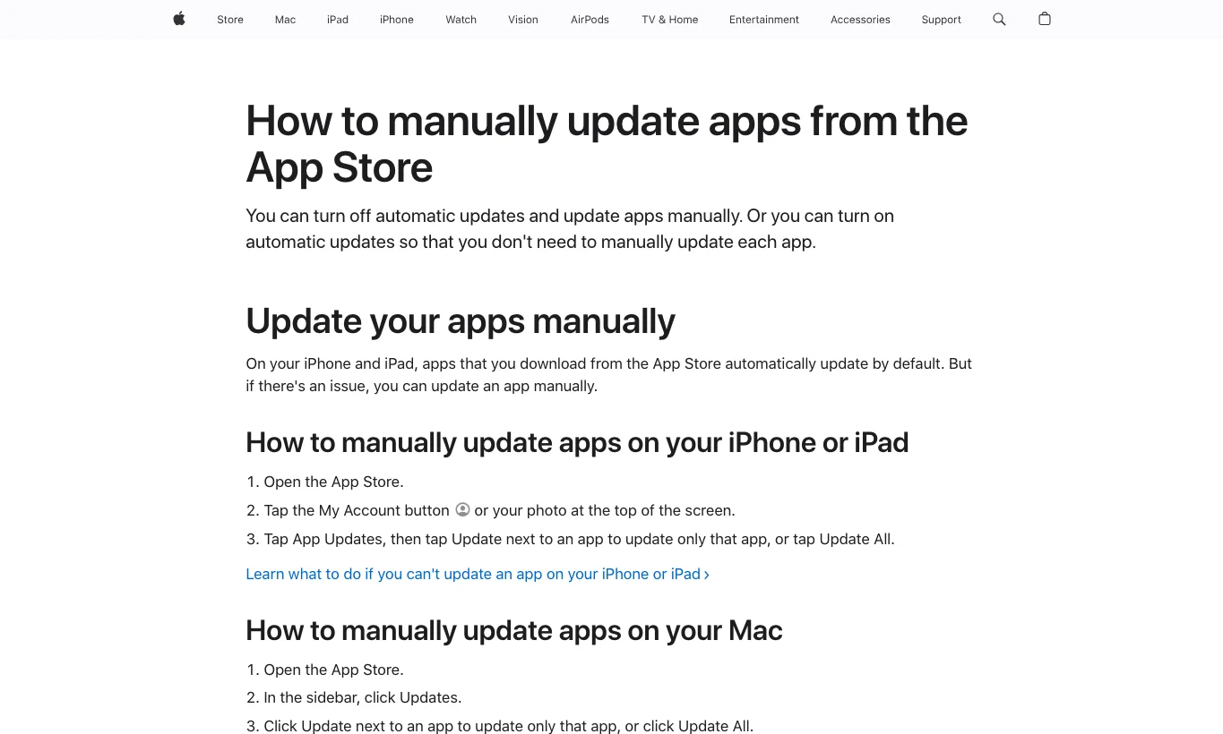 真实截图 5：Apple Support 的 App Store 手动更新说明。
