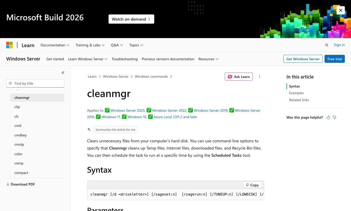 真实截图 1：Microsoft Learn 的 cleanmgr 文档，说明 Windows 仍有内置磁盘清理命令。