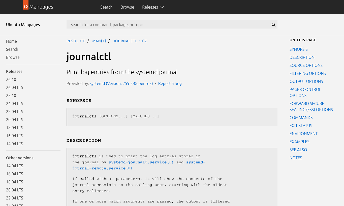 真实截图 3：Ubuntu 26.04 对应系列的 journalctl manpage，systemd journal 支持按时间或大小 vacuum。