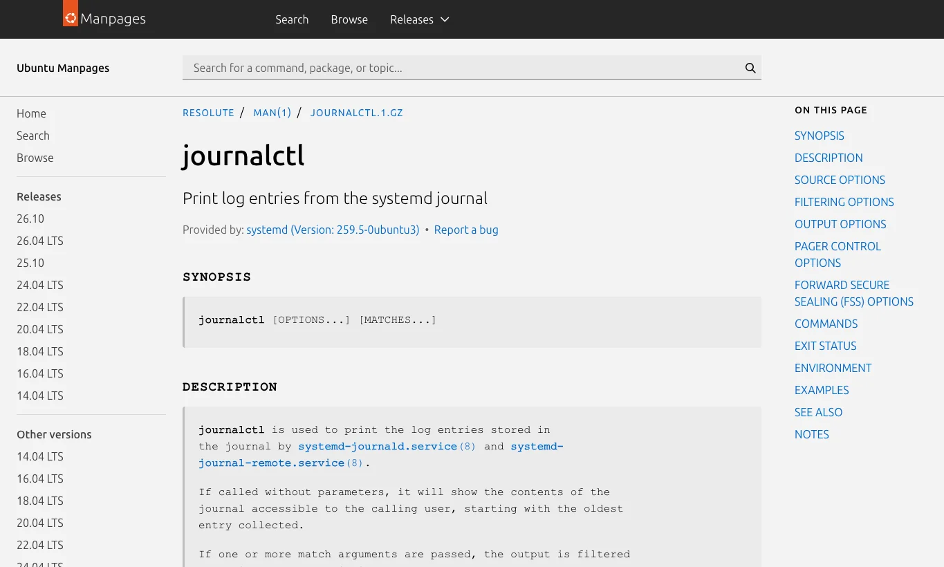 真实截图 3：Ubuntu 26.04 对应系列的 journalctl manpage，systemd journal 支持按时间或大小 vacuum。
