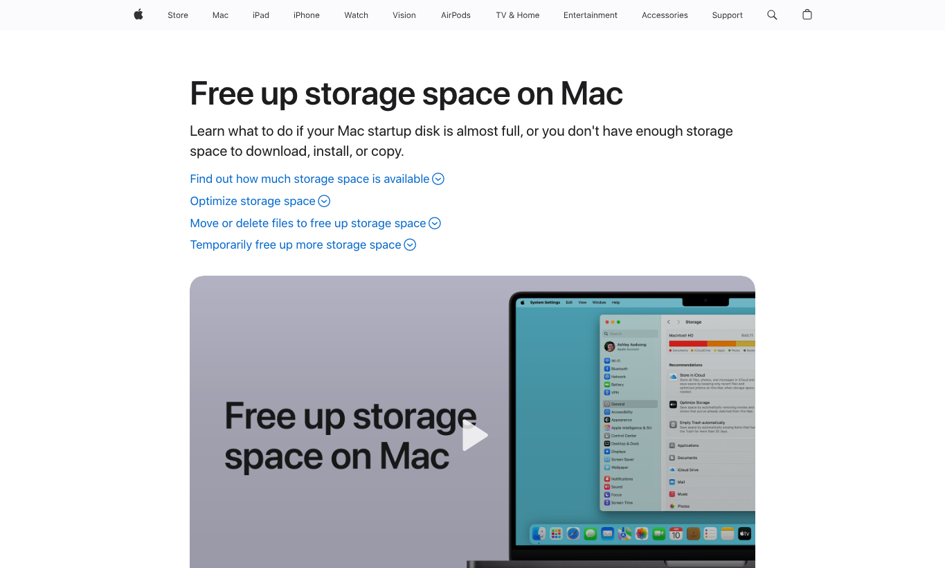 真实截图 4：Apple Support 的 Mac 存储空间说明。