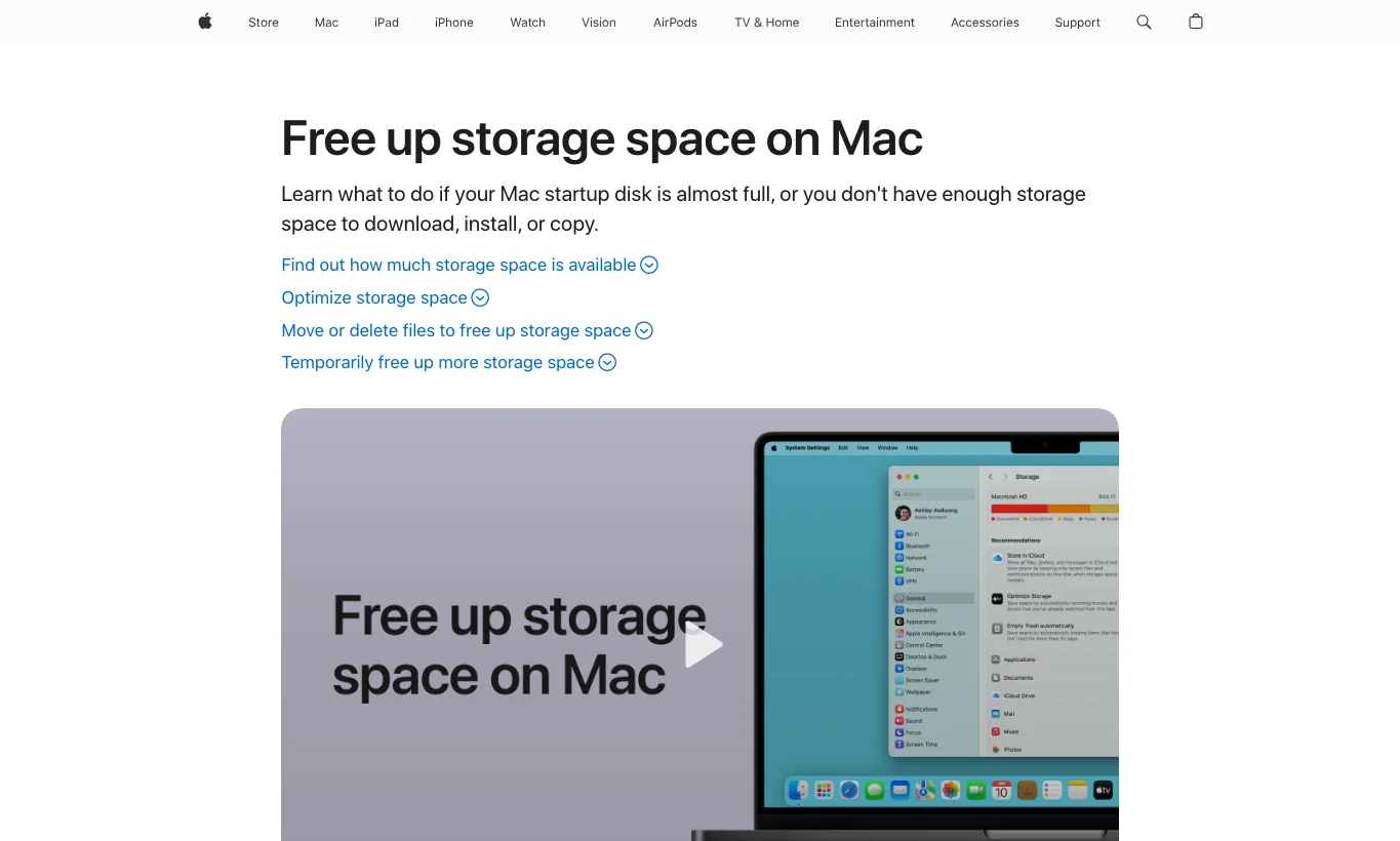 真实截图 4：Apple Support 的 Mac 存储空间说明。