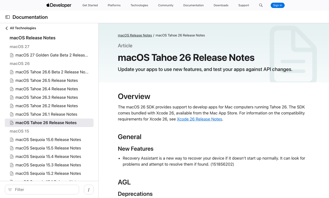 真实截图 5：Apple Developer 的 macOS Tahoe 26 Release Notes。