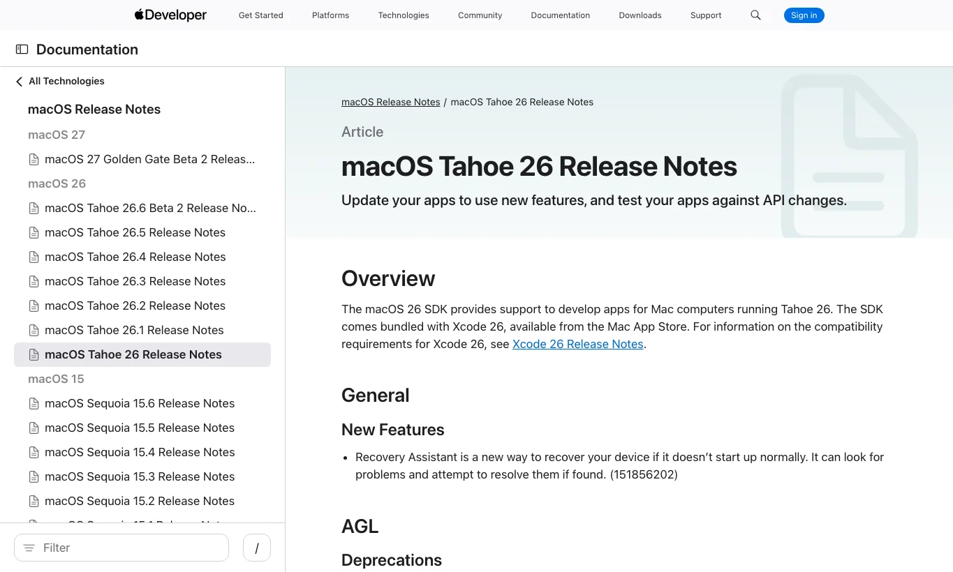 真实截图 5：Apple Developer 的 macOS Tahoe 26 Release Notes。