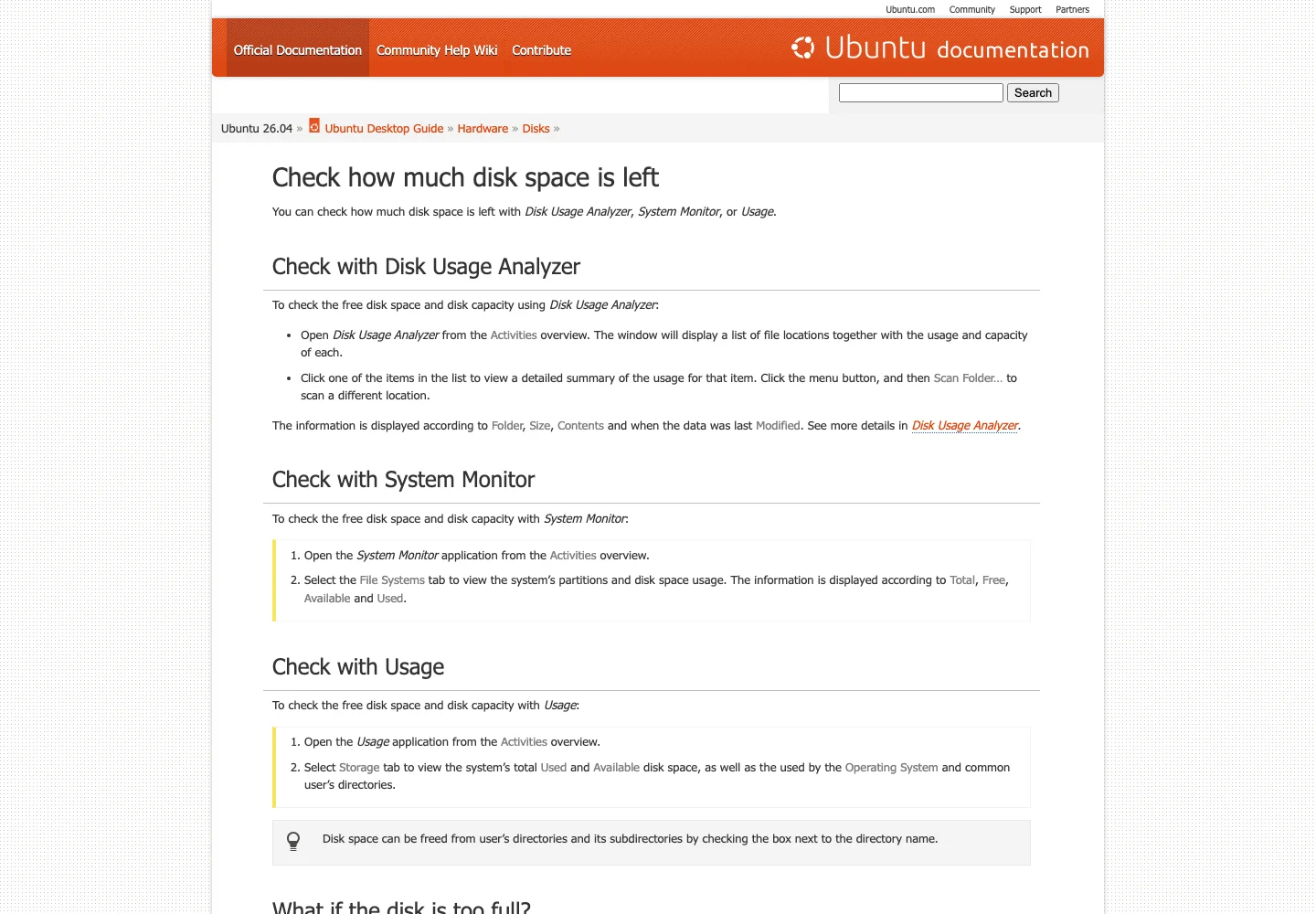 官方截图:Ubuntu 磁盘空间文档