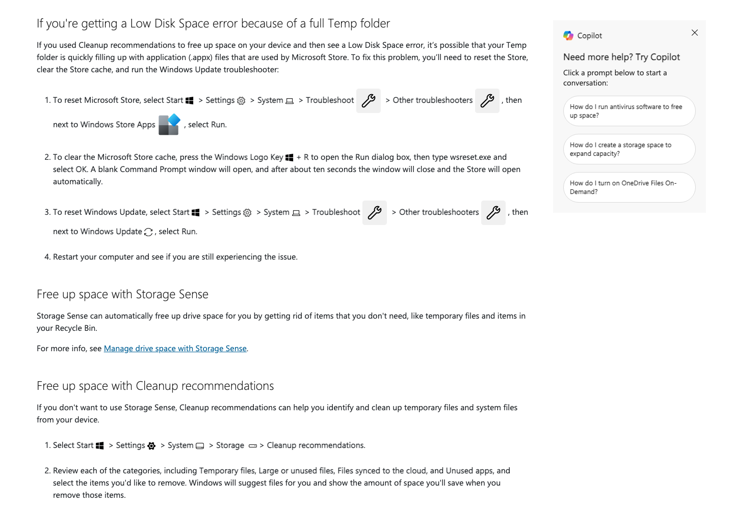 官方截图:Windows 存储故障处理页面