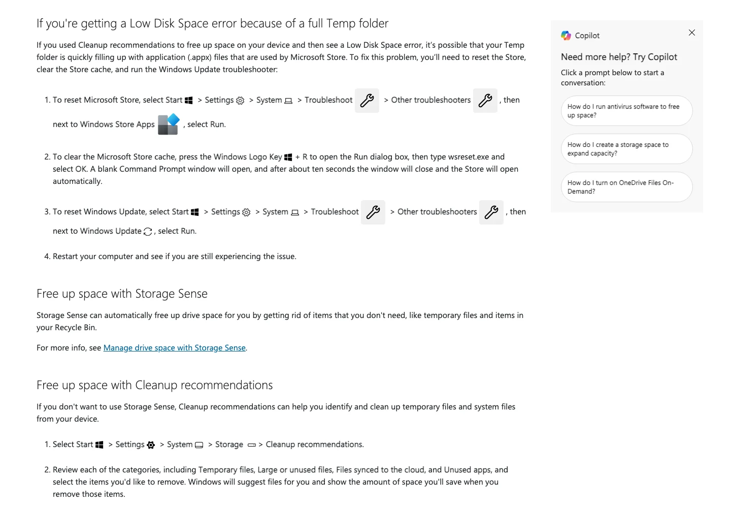 官方截图:Windows 存储故障处理页面