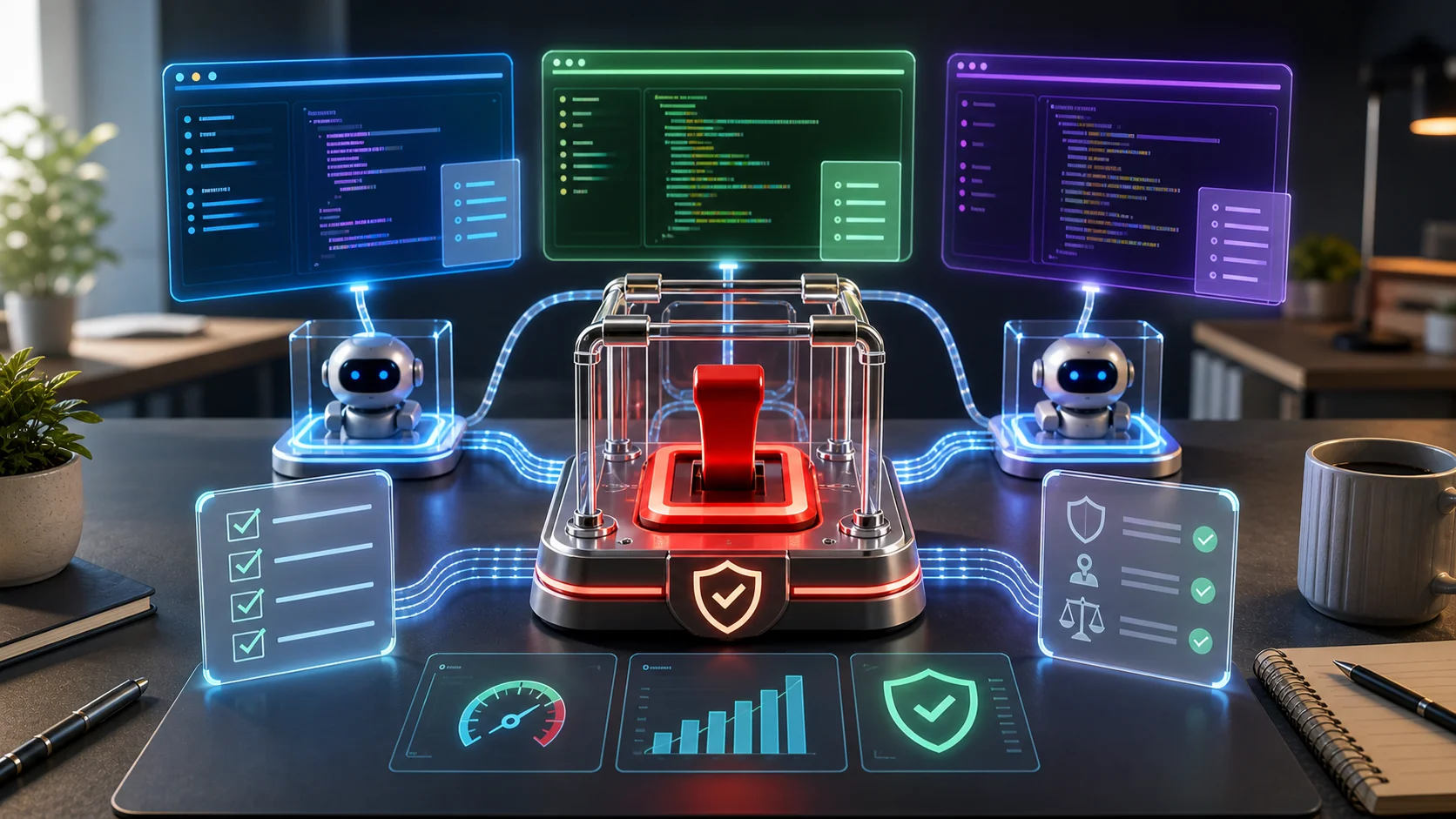 AI 生成封面：一个带护栏的红色自动化开关连接多个抽象 Agent 终端。