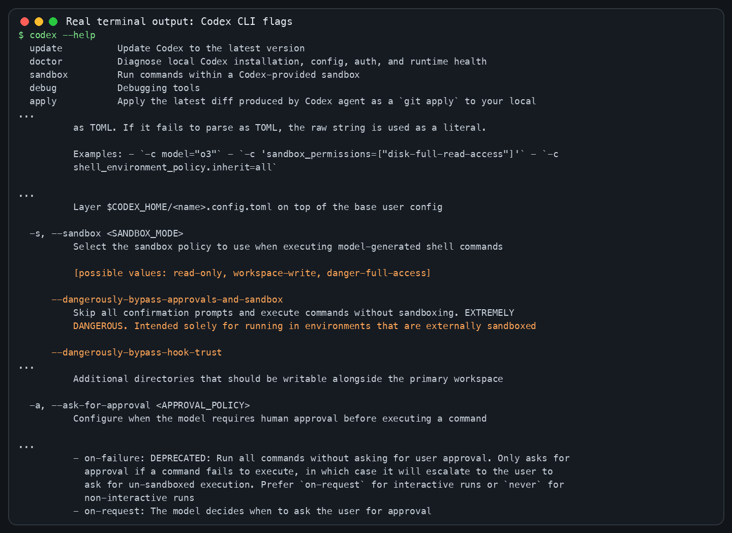 真实命令输出截图 1:Codex CLI 帮助里把危险旁路和 sandbox/approval 写在一起。
