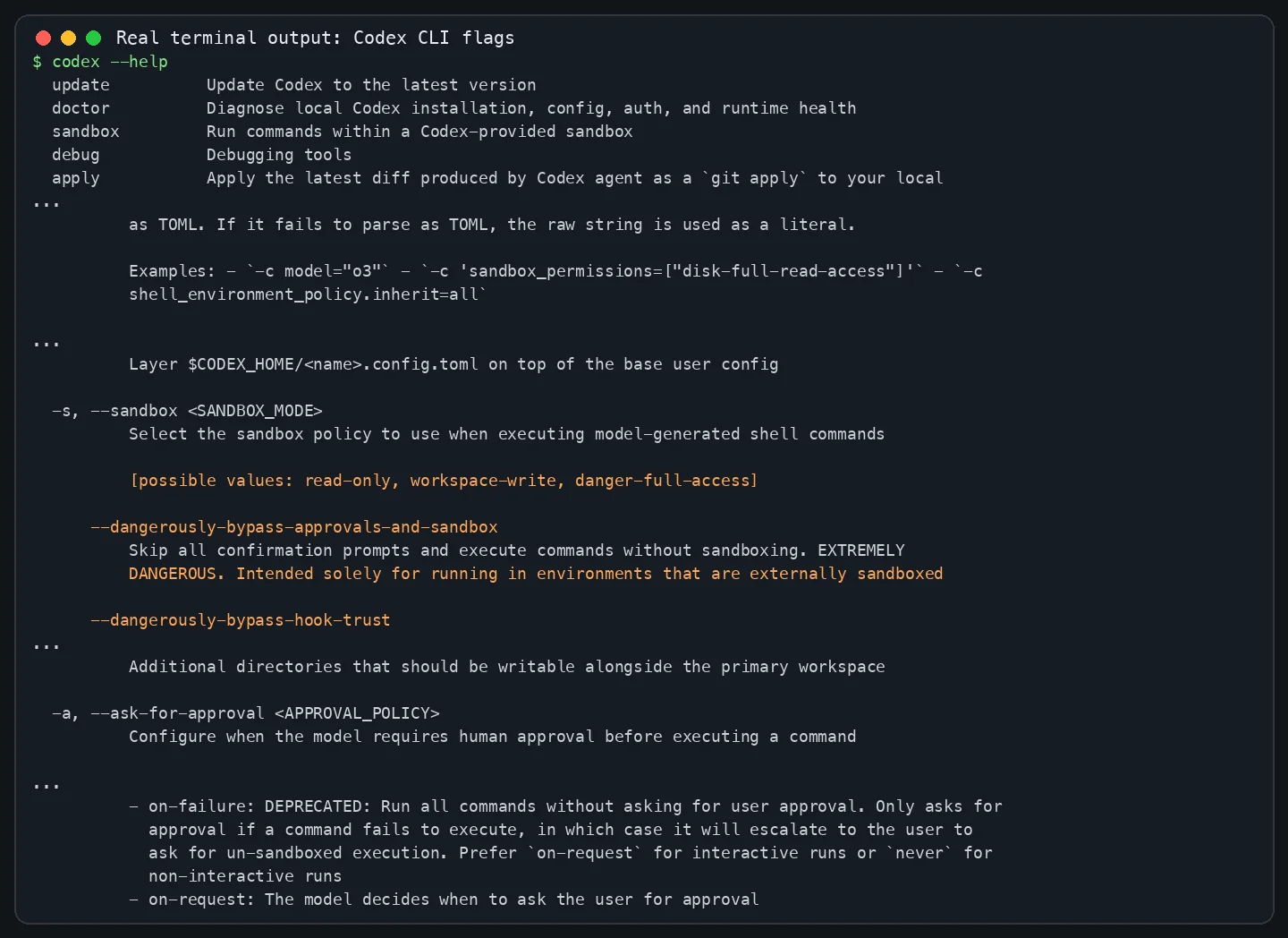 真实命令输出截图 1：Codex CLI 帮助里把危险旁路和 sandbox/approval 写在一起。