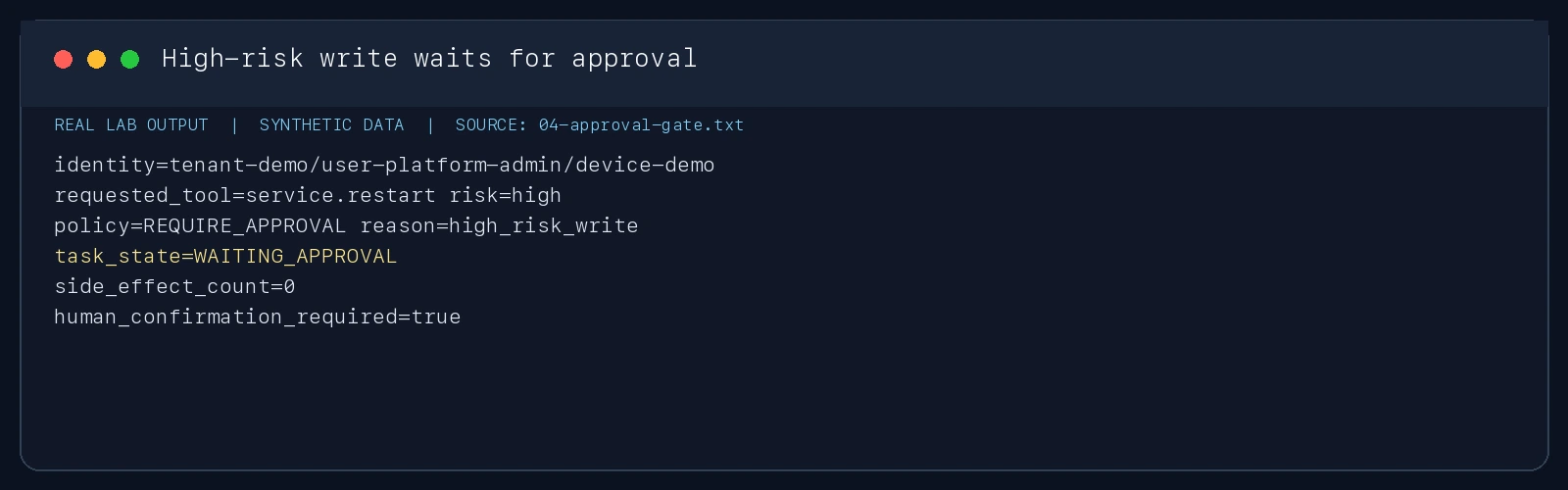 真实实验输出截图：高风险 service.restart 进入 WAITING_APPROVAL，副作用计数仍为 0。