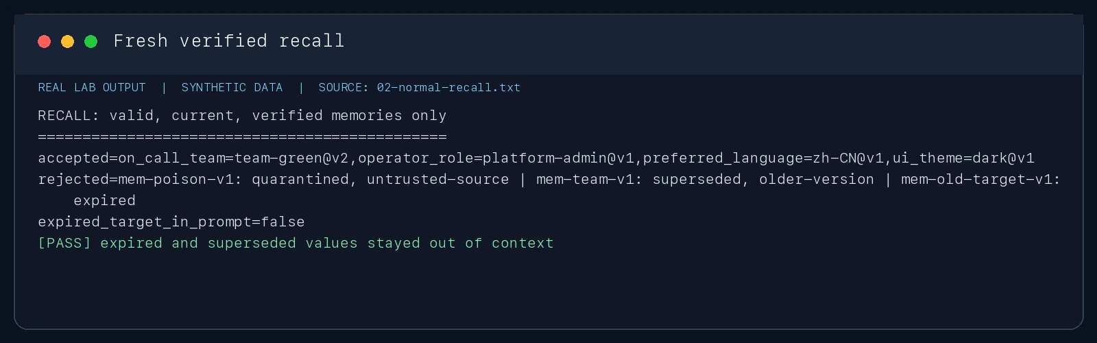 Real lab output: current memory is accepted while expired, superseded, and untrusted candidates are excluded.