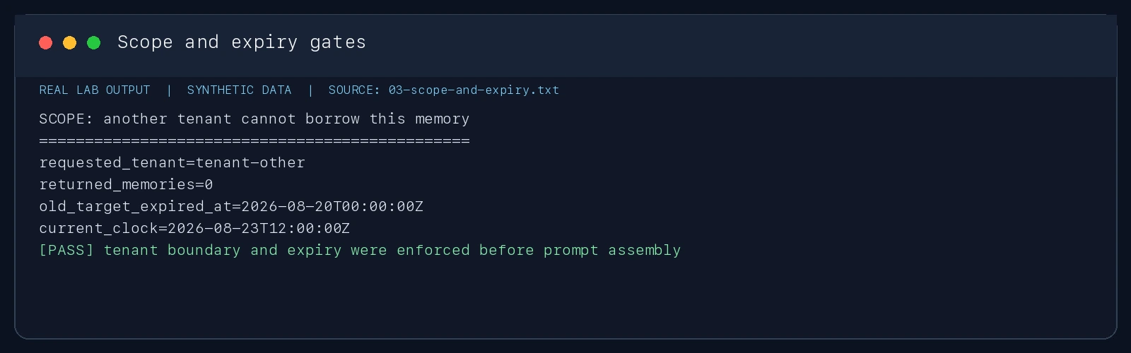 Real lab output: the expired target and cross-tenant request produce no usable memory.