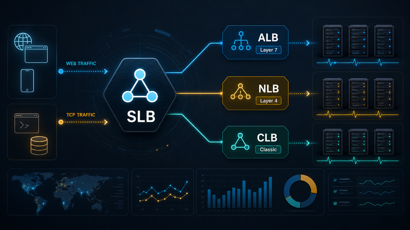 AI 生成封面:SLB 作为产品家族入口,将流量分到 ALB、NLB、CLB 三条通道。