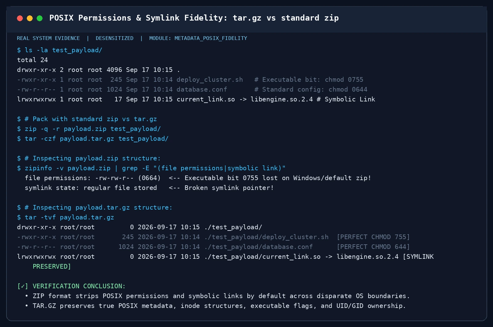 文件权限与软链接忠实度实测:tar.gz 完胜 zip