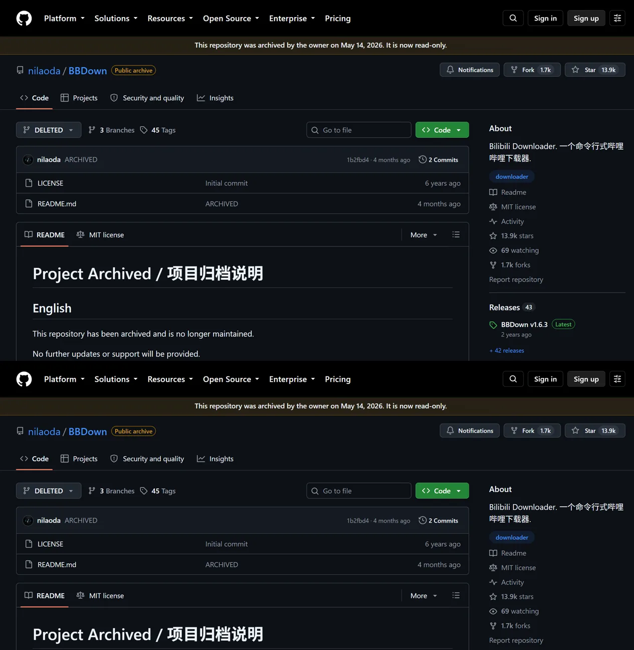 BBDown 官方仓库：项目已归档，停留在 1.6.3。
