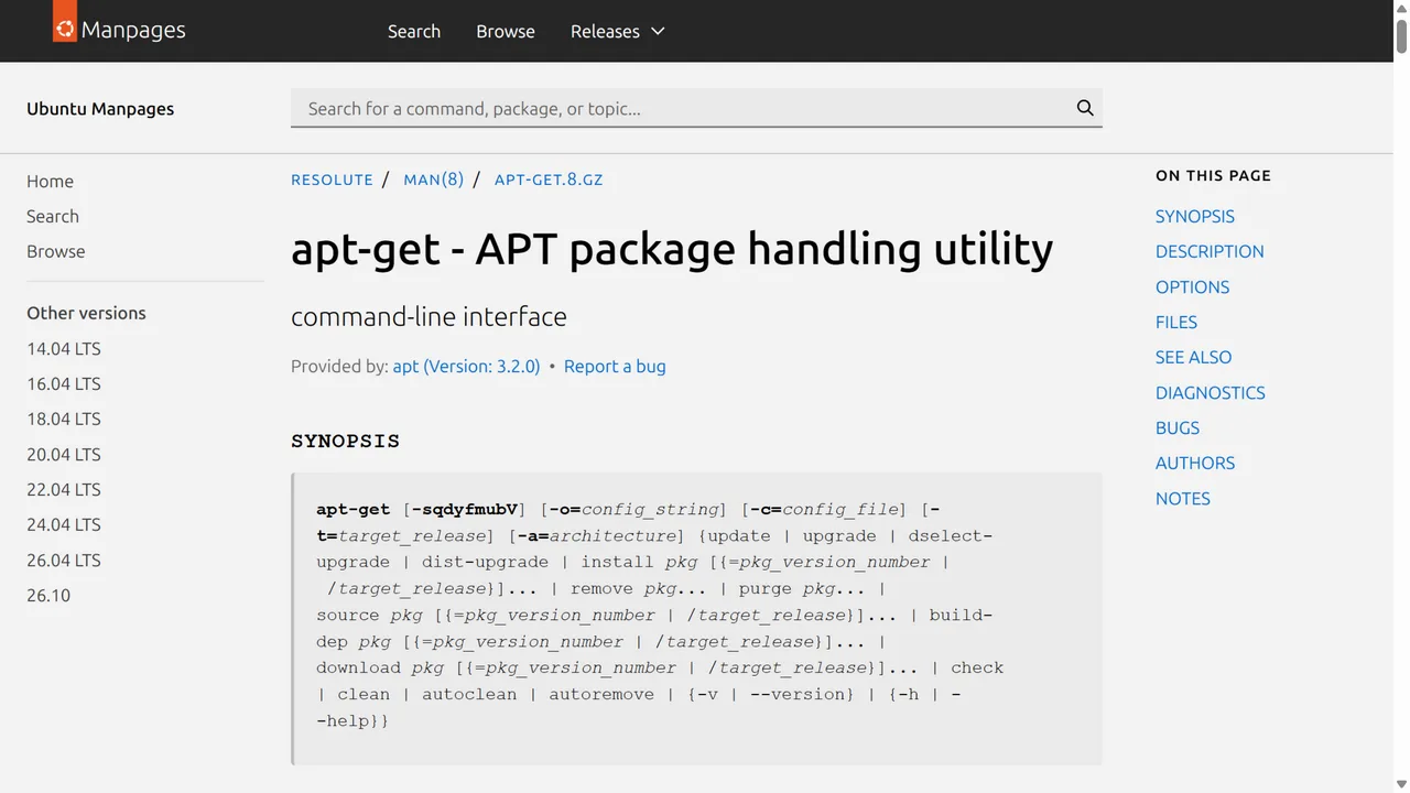 Ubuntu 侧参考：apt-get 官方手册（26.04 系列）。