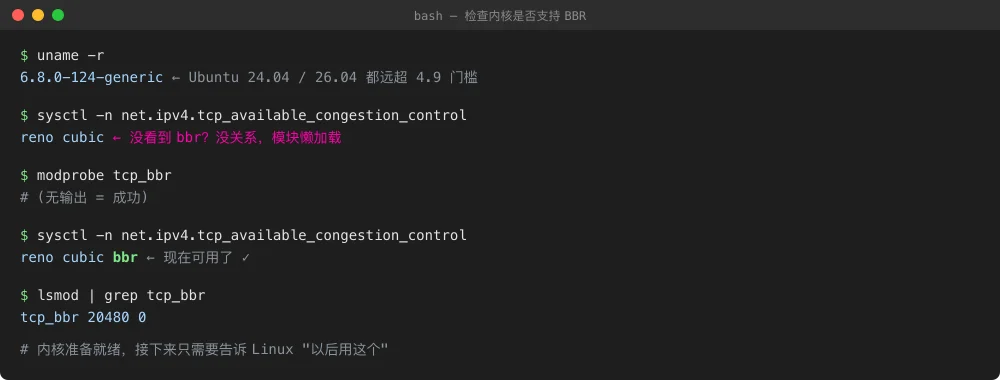 Real screenshot: check kernel, load tcp_bbr, verify — three commands