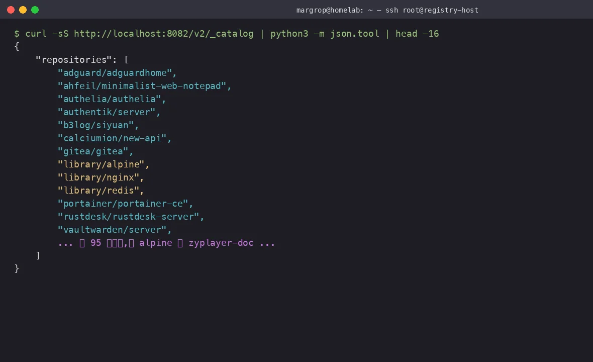 Real /v2/_catalog response showing all 95 repos