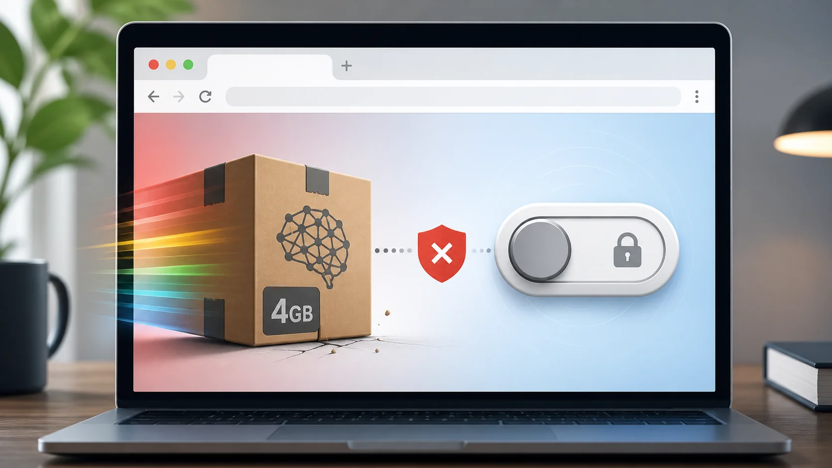 AI-generated cover: a browser tries to bring in a 4GB local model package, while a policy switch blocks it.