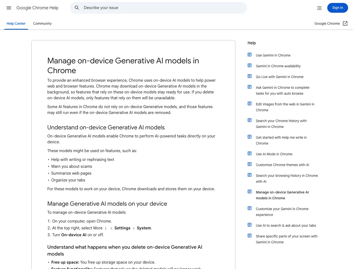 Real screenshot 1: Google Chrome Help explaining on-device generative AI models.