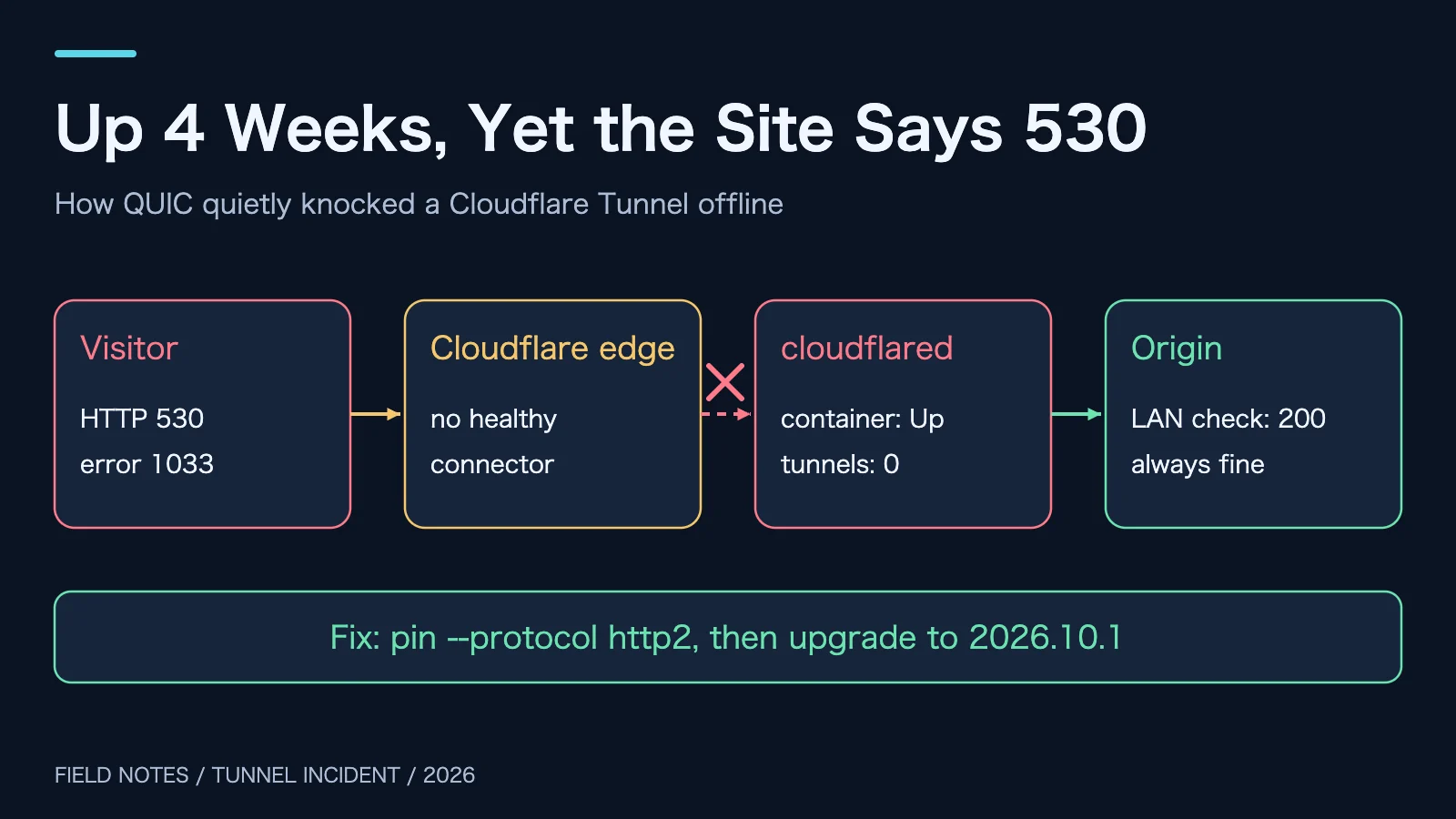 Original cover: container Up, zero tunnel connections, origin healthy