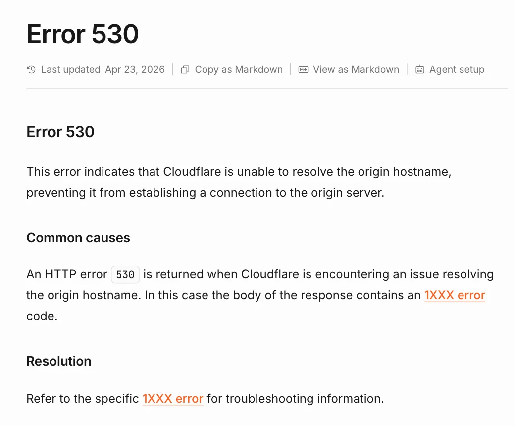 真实截图：Cloudflare 官方文档对 Error 530 的说明