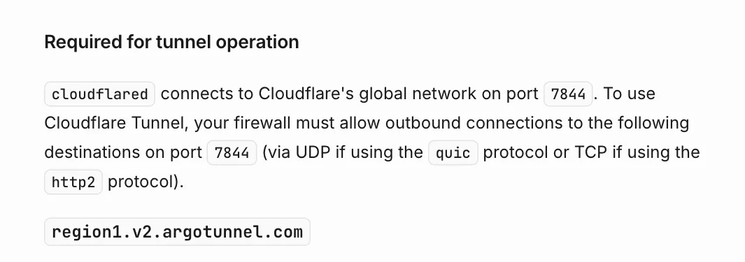 真实截图：Cloudflare 官方文档要求放行 7844 端口，quic 走 UDP，http2 走 TCP