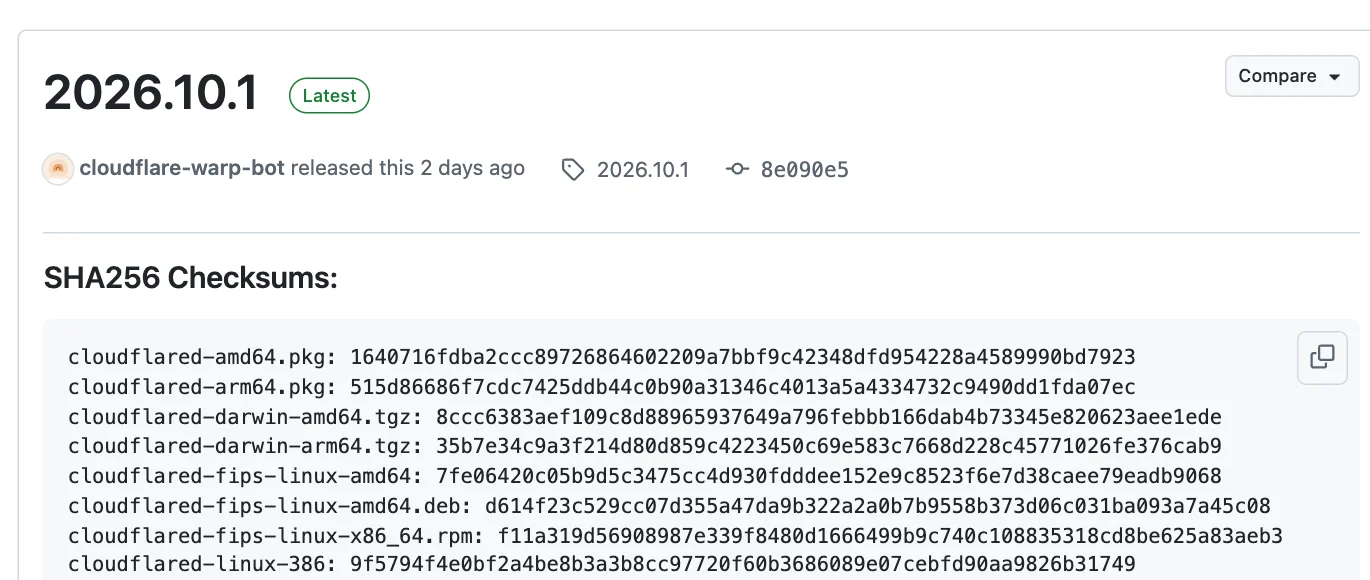 真实截图：cloudflared 在 GitHub 上的发布页面，2026.10.1 为最新版本
