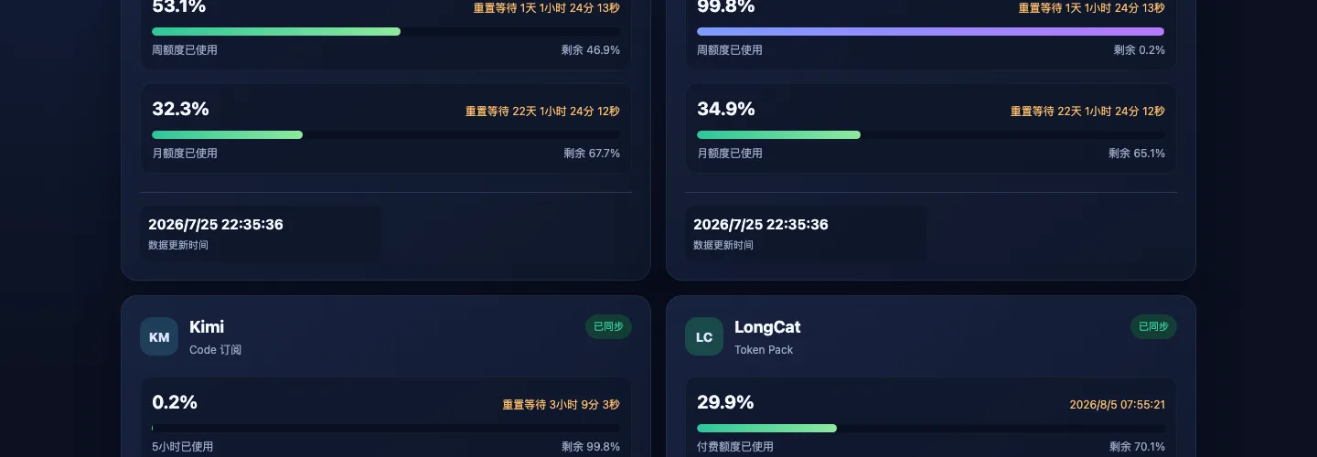 真实截图：Kimi Code 和 LongCat 的配额卡片