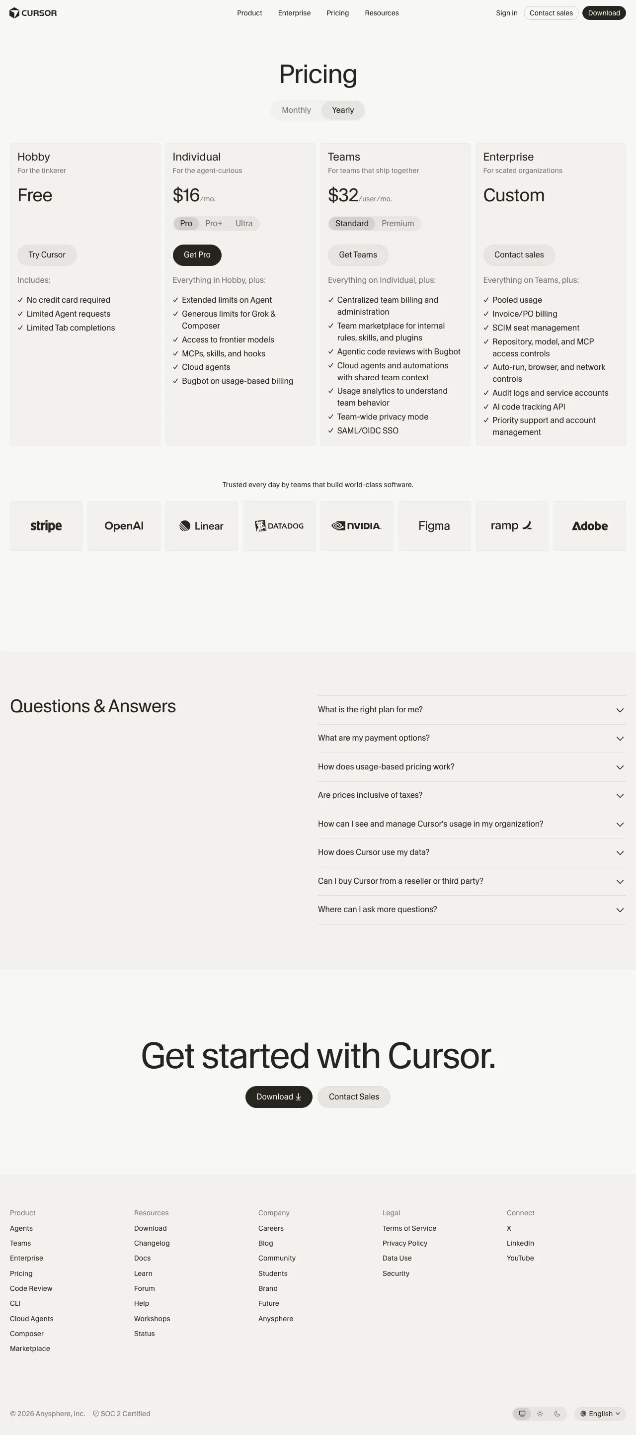 Cursor official pricing-page capture