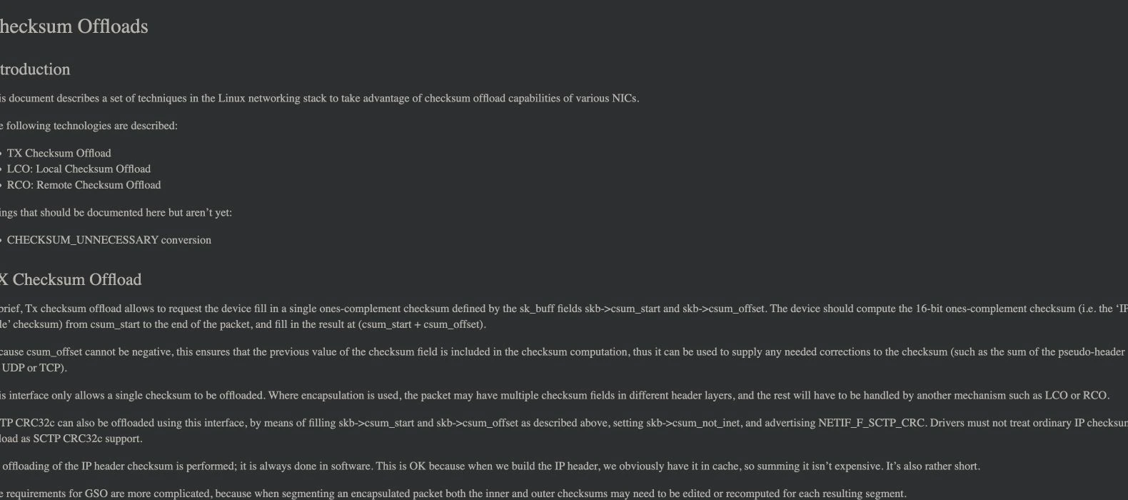 真实截图：Linux 官方文档对校验和计算起点和结果写入位置的解释
