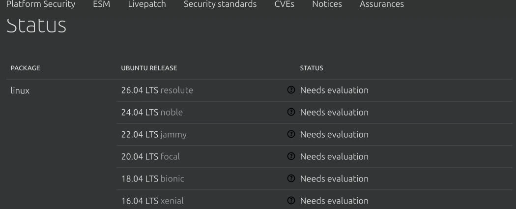 真实截图：Ubuntu 官方页面对 26.04 的状态仍为 Needs evaluation