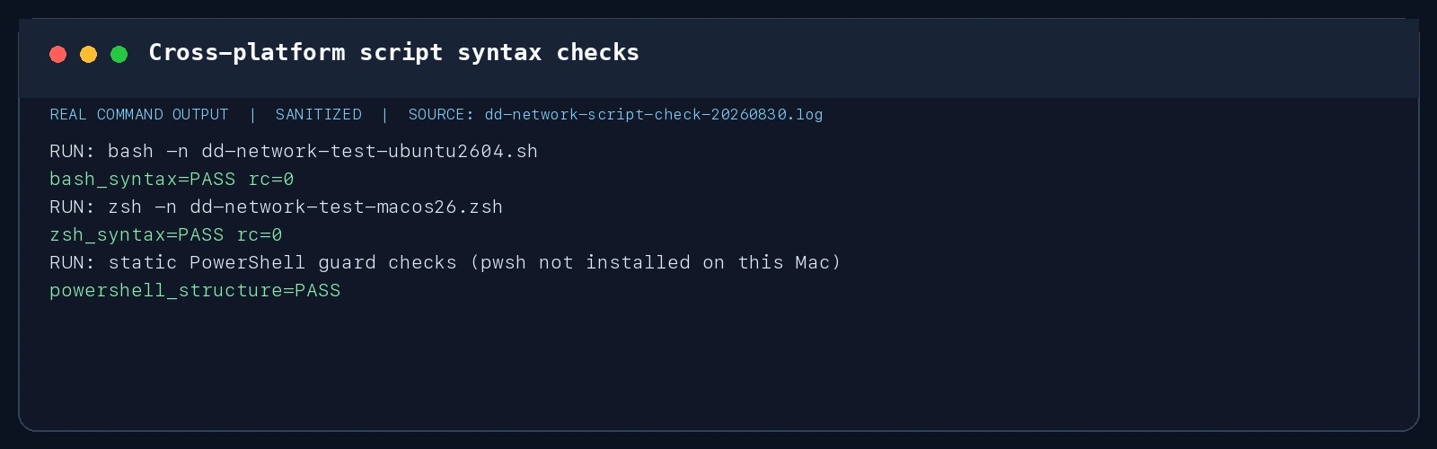 真实终端截图：Ubuntu、macOS 脚本语法检查通过，PowerShell 结构检查通过；PowerShell 需在 Windows 上做最终运行验收。