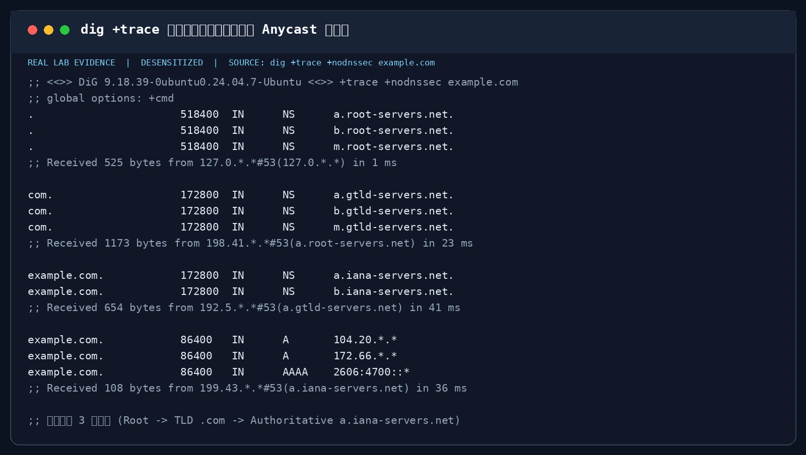 dig +trace 完整还原逐级迭代查询与 Anycast 委派链
