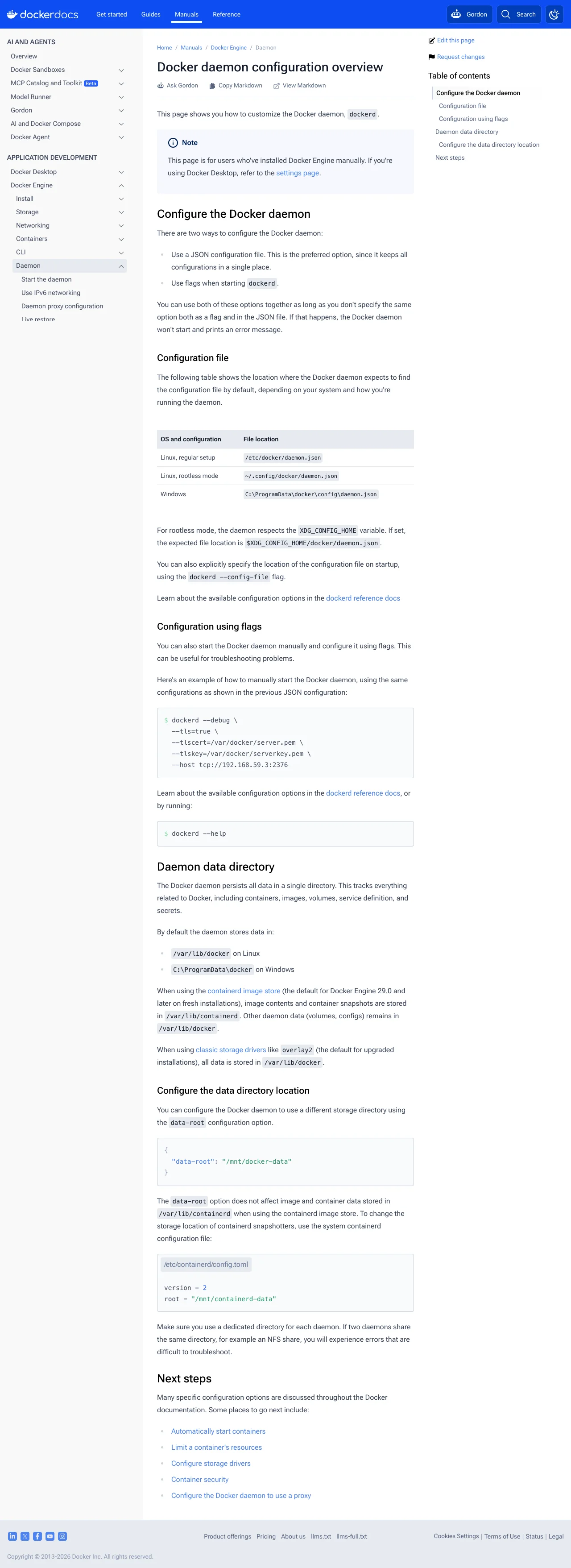 Screenshot of Docker’s daemon configuration documentation