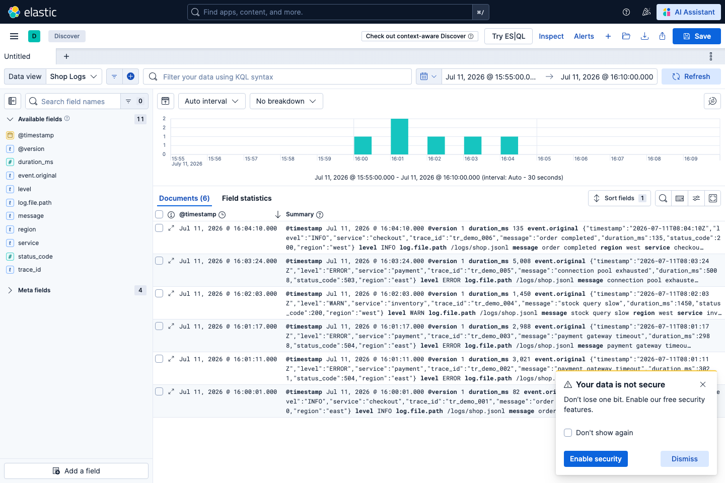 Kibana Discover 中的真实实验日志
