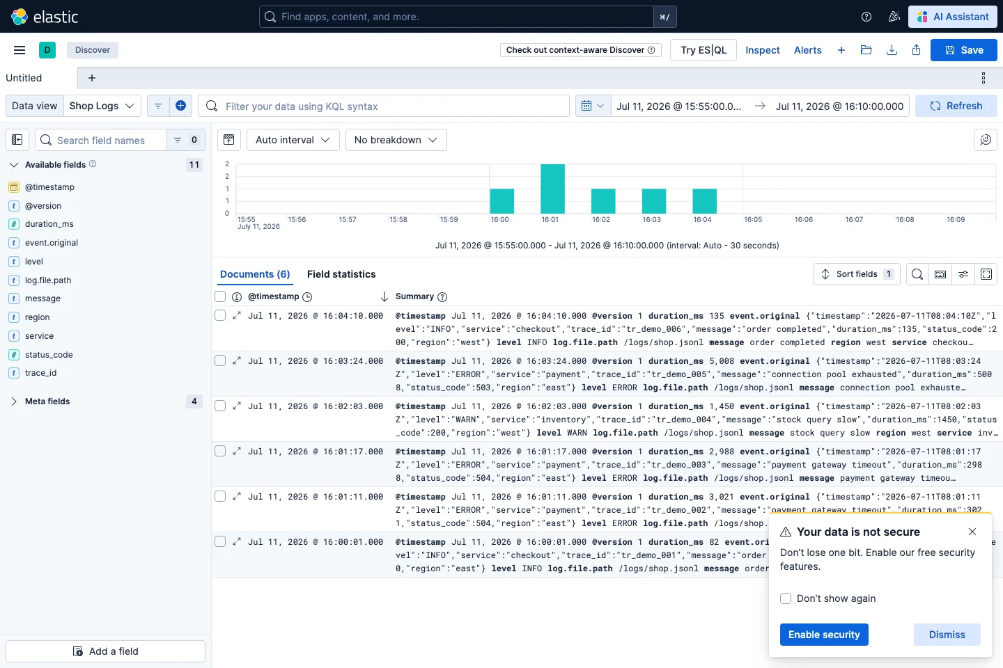 Kibana Discover 中的真实实验日志