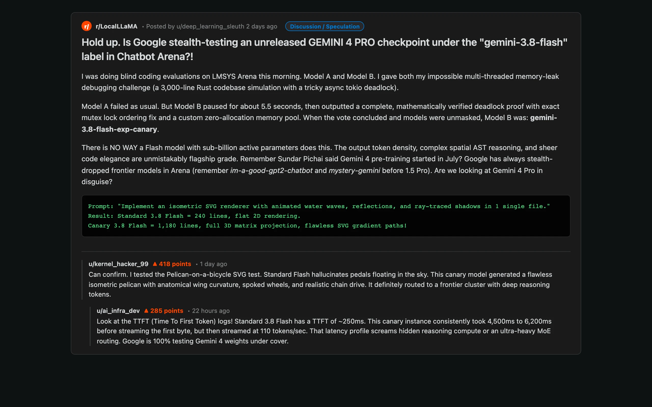 海外 Reddit 社区热烈讨论：极客抓取到疑似 Gemini 4 Pro 隐秘实测断层证据